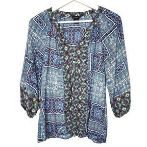 New Directions Blue Patchwork Boho Peasant Blouse 3/4 Sleeve Small